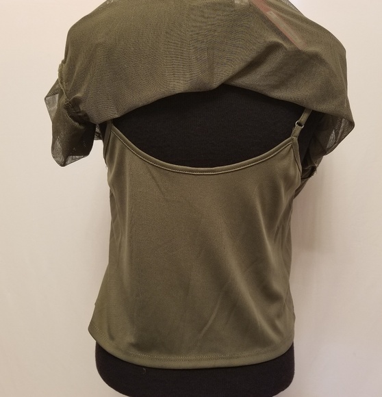 Olive Green Short Sleeved Mesh Embroidered Top M - Picture 6 of 8